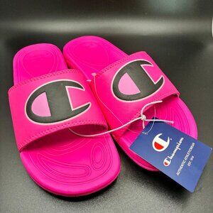 BRAND NEW Champion NEON PINK Slides Black Logo Women Size 7.5, Mens 5, EU 37.5